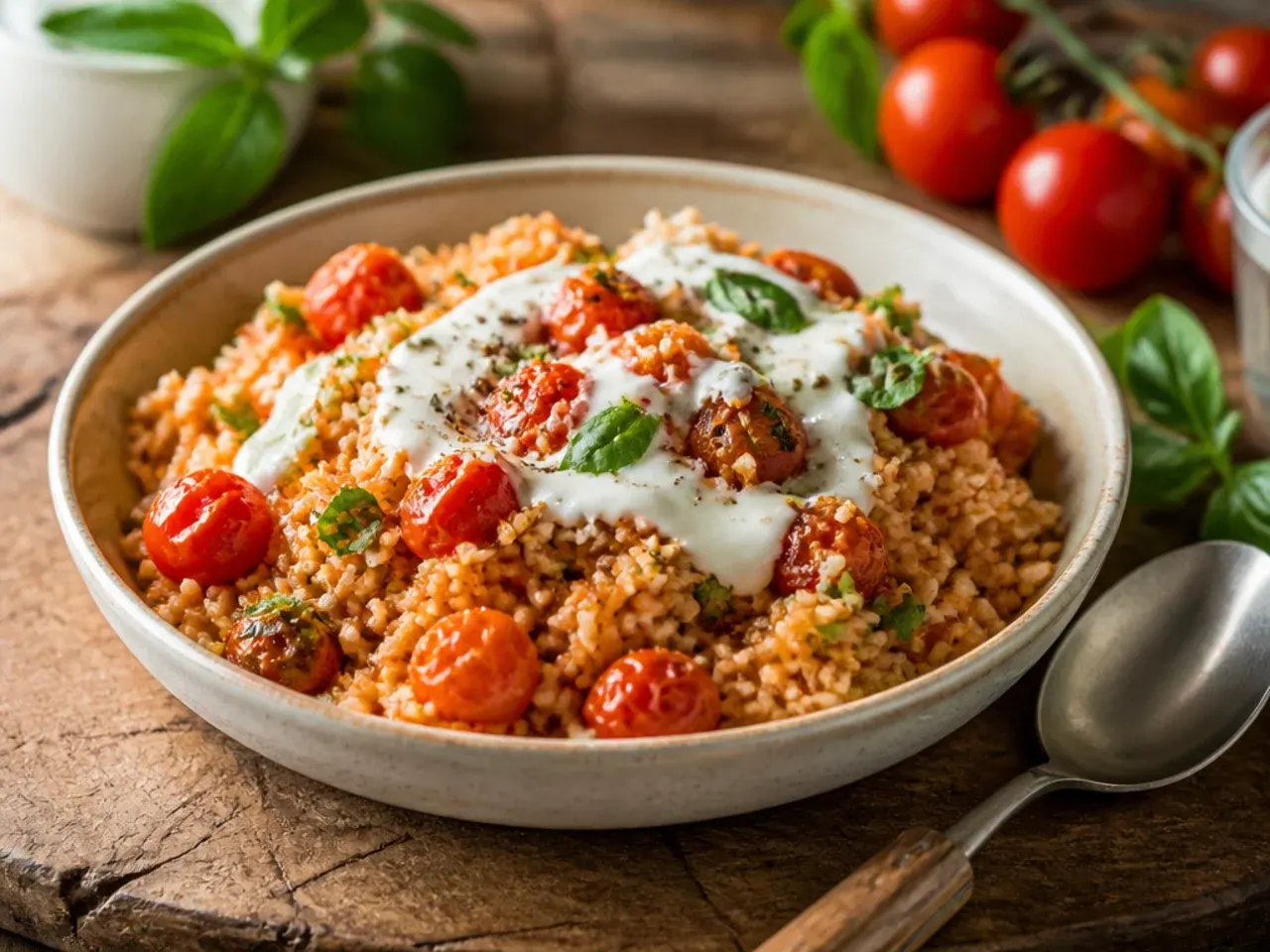 Wok of fried rice studded with grape tomatoes and spring onion