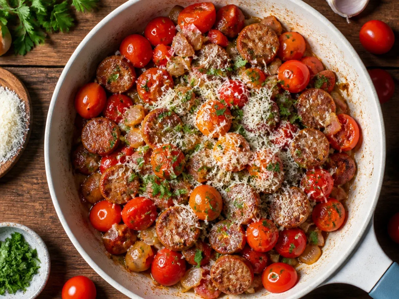 Skillet of sliced sausage and collapsed grape tomatoes in a chunky sauce