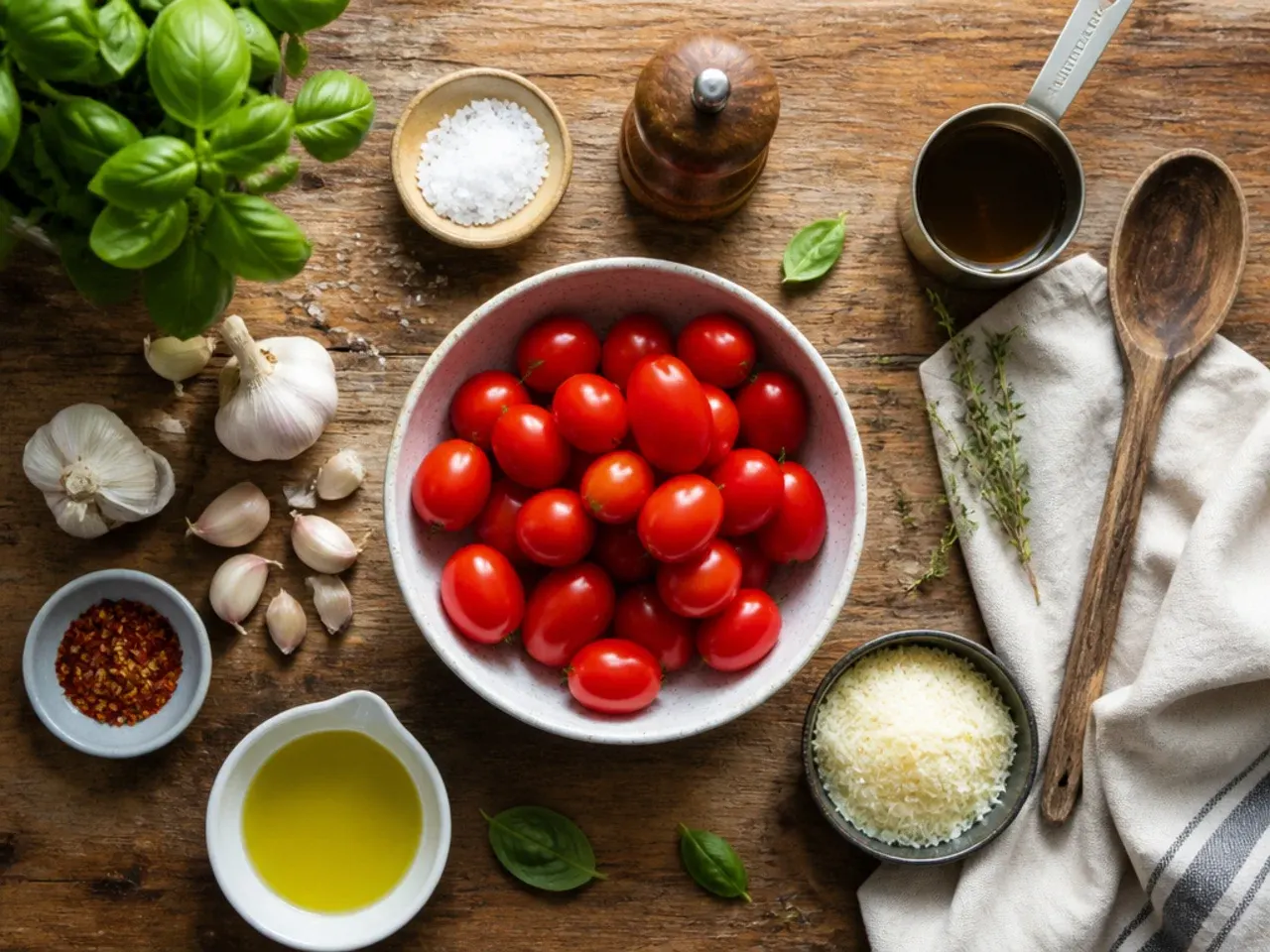 Close-up of hands roasting grape tomatoes on a baking tray