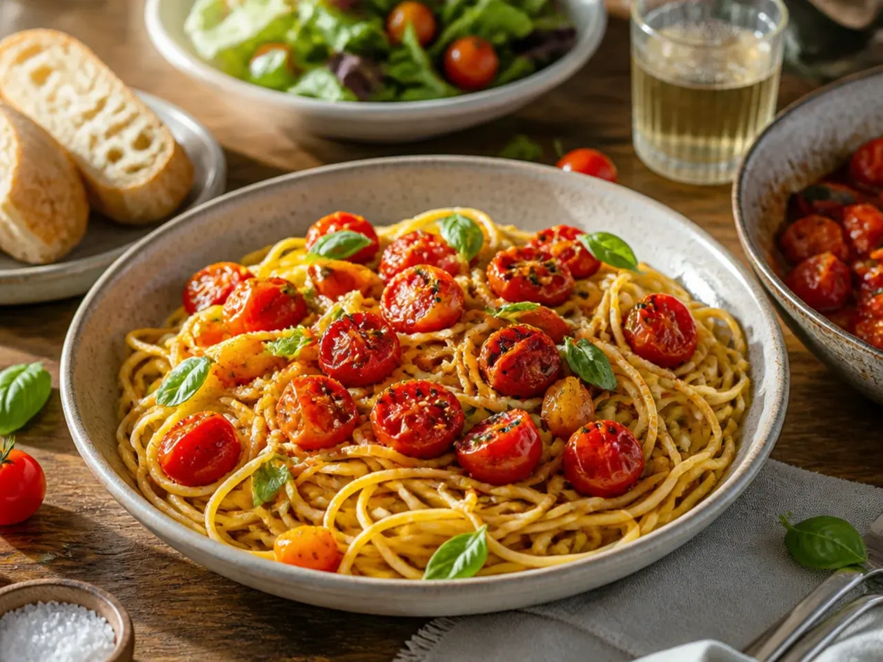 Table spread of grape tomato dishes served alongside bread and grilled meat