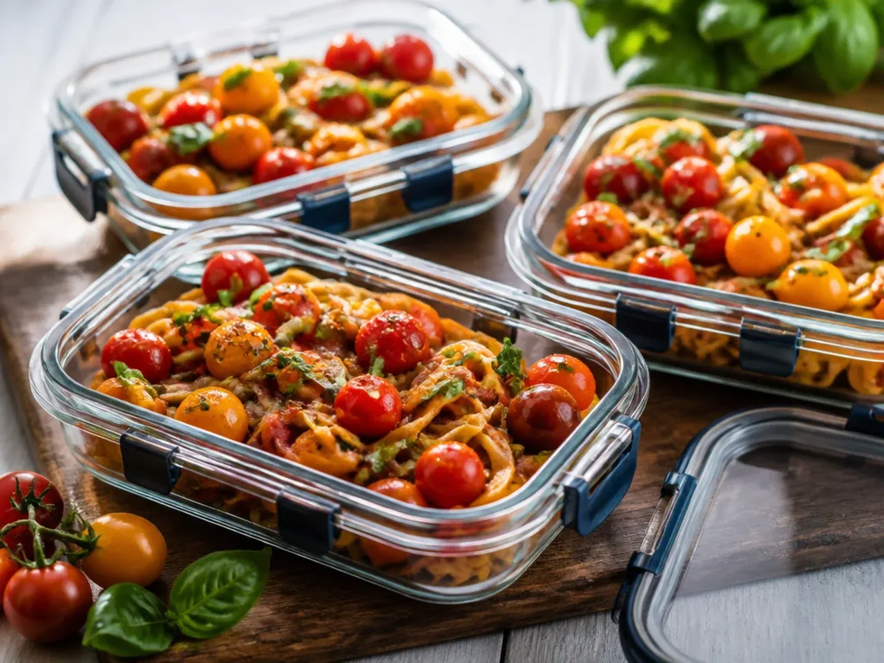 Airtight containers of leftover grape tomato dishes ready for the fridge
