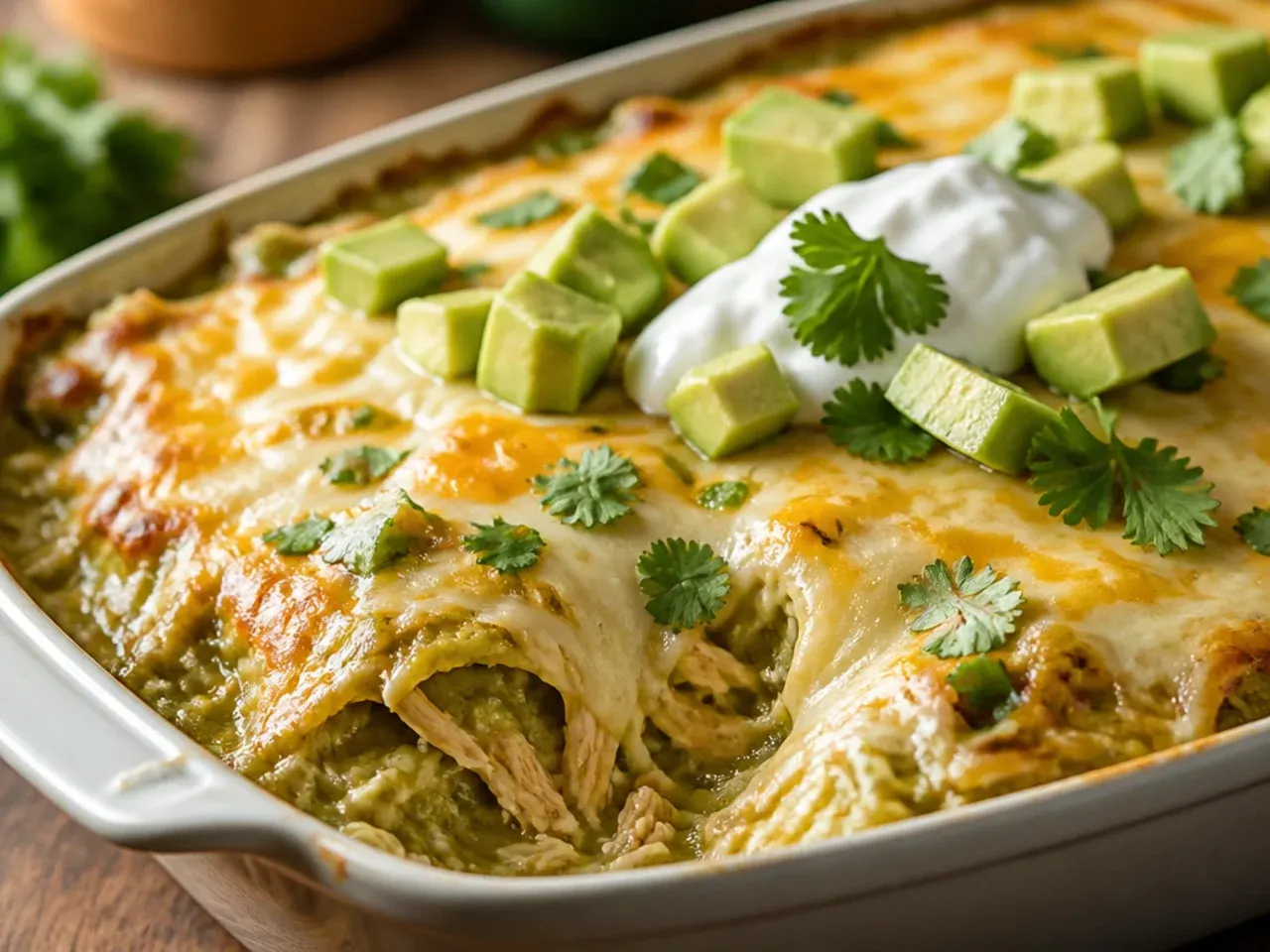 Ingredients for green chicken enchilada casserole laid out on a wooden board including shredded chicken, corn tortillas, green salsa, cheese and coriander