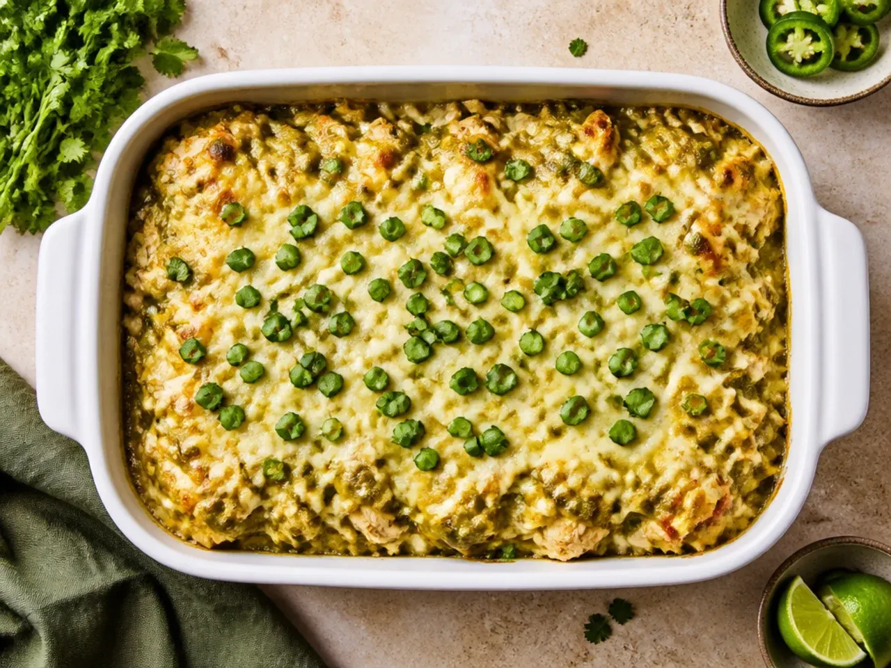 Cross-section slice of classic green chicken enchilada casserole showing layers of tortilla, chicken and cheese