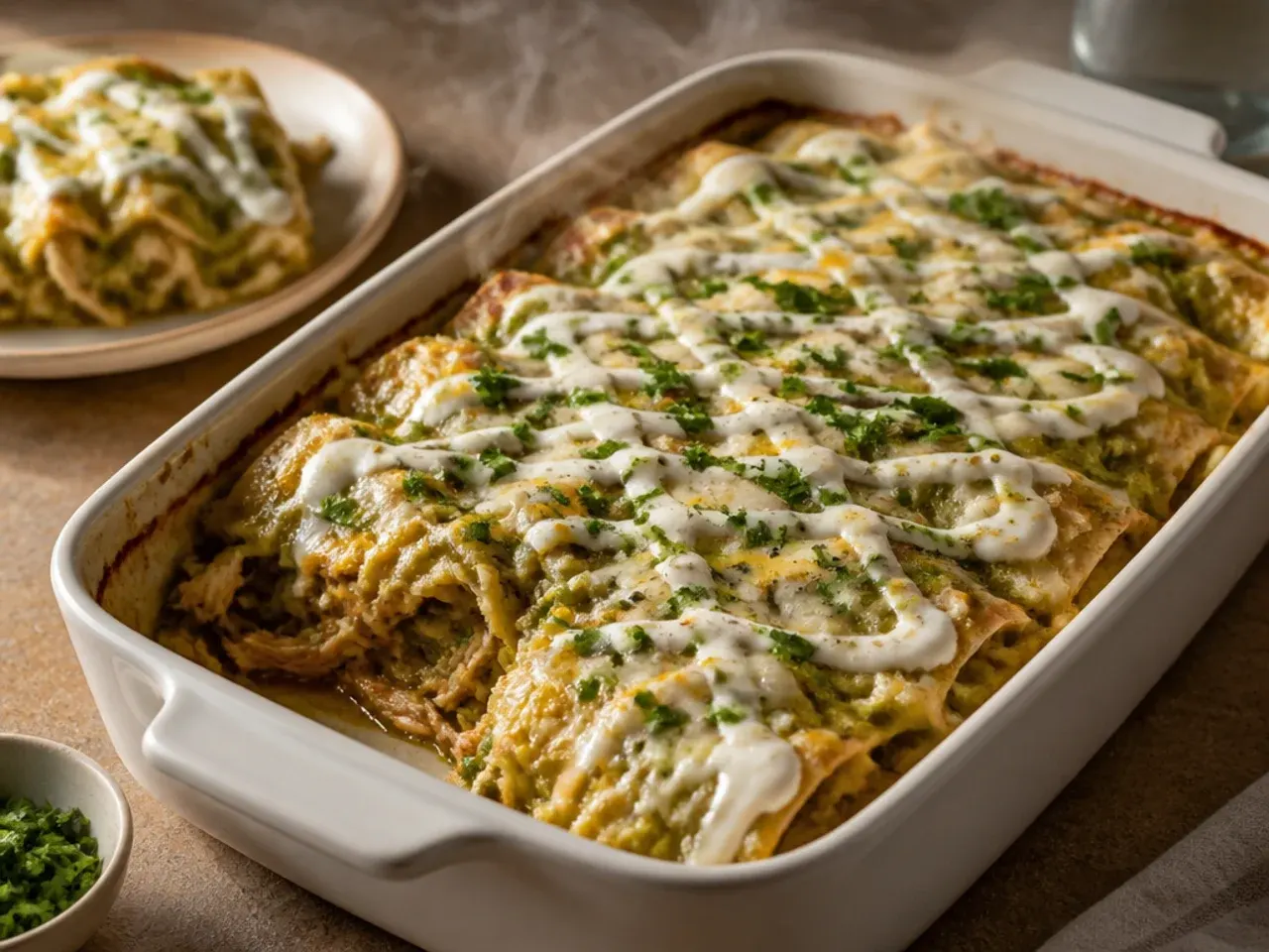 Hands layering torn corn tortilla pieces into a baking dish for an easy green chicken enchilada casserole