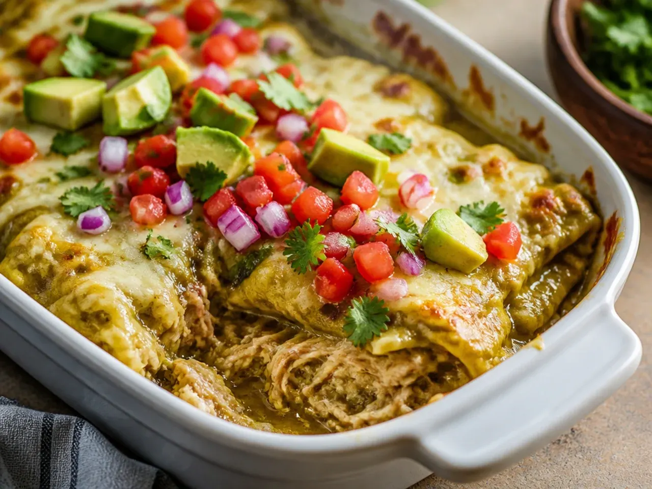 Spoonful of cozy, creamy green chicken enchilada casserole being lifted from the baking dish