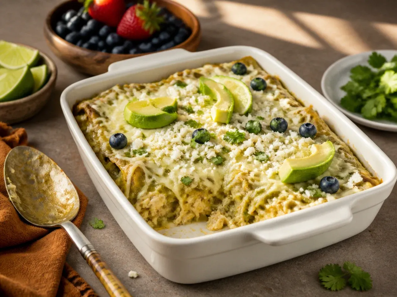 Simple three-ingredient green chicken enchilada casserole fresh out of the oven
