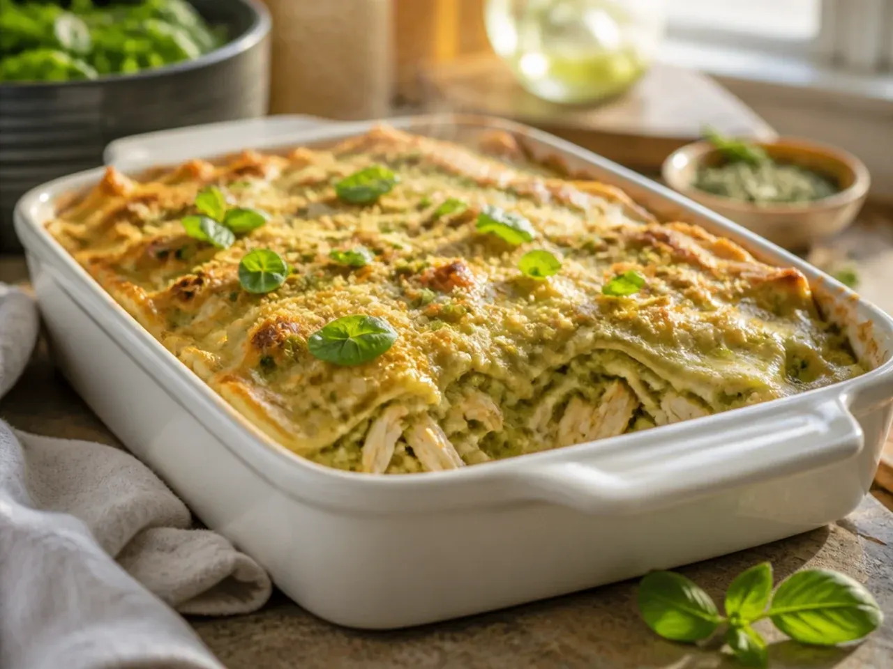 Close-up of creamy green chicken enchilada casserole with sour cream swirled through the cheesy top layer