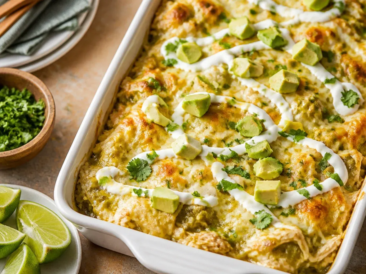 Loaded green chicken enchilada casserole topped with black beans, corn, avocado and pickled red onion