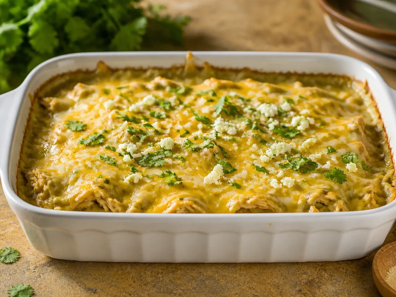 Extra cheesy green chicken enchilada casserole with a thick, golden, bubbling cheese top layer