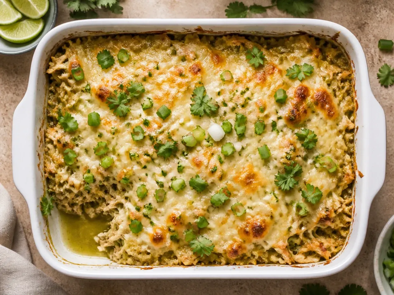 Budget-friendly green chicken enchilada casserole made with simple pantry ingredients