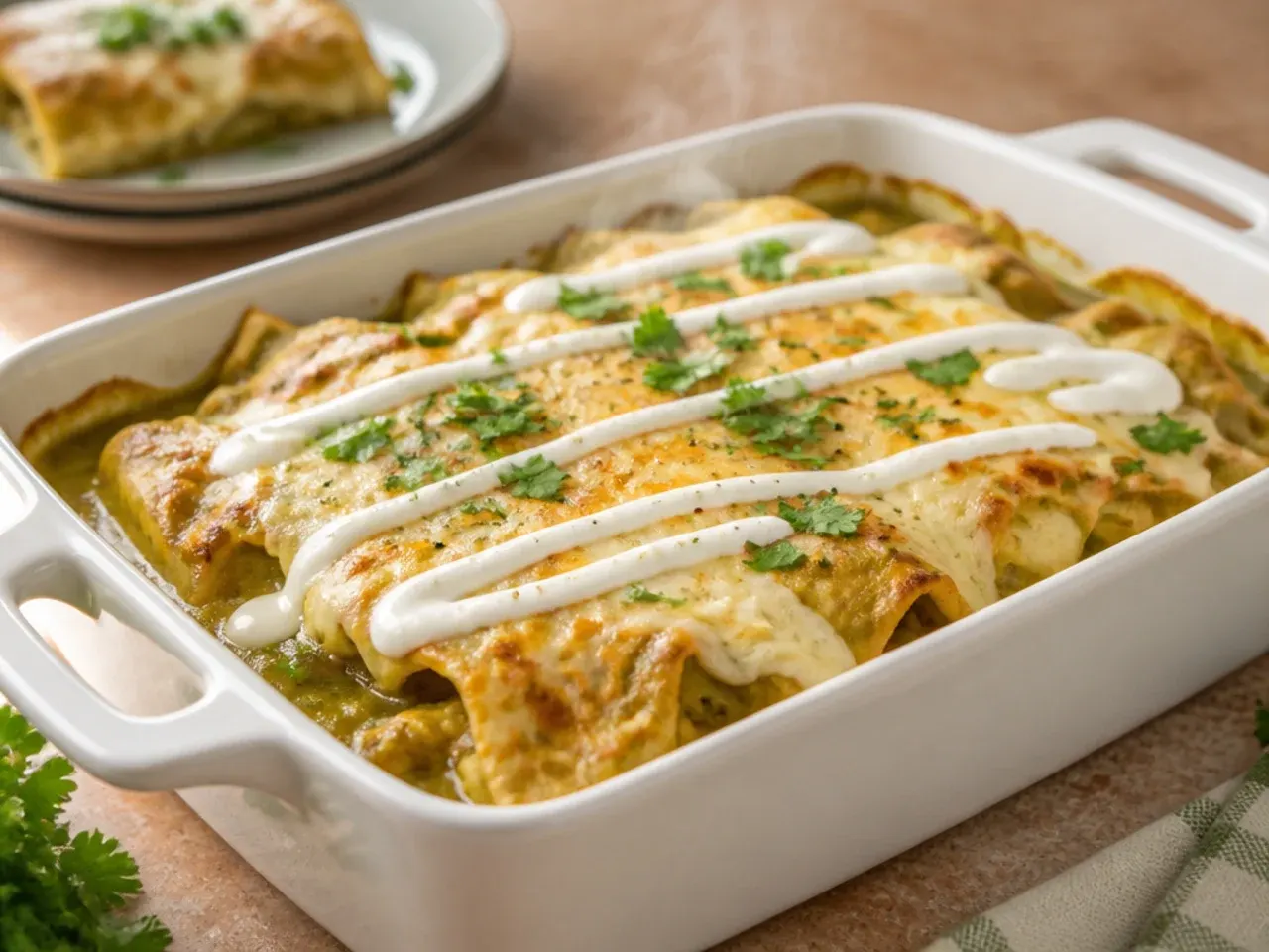 Large crowd-sized green chicken enchilada casserole in a big baking dish with a serving spoon