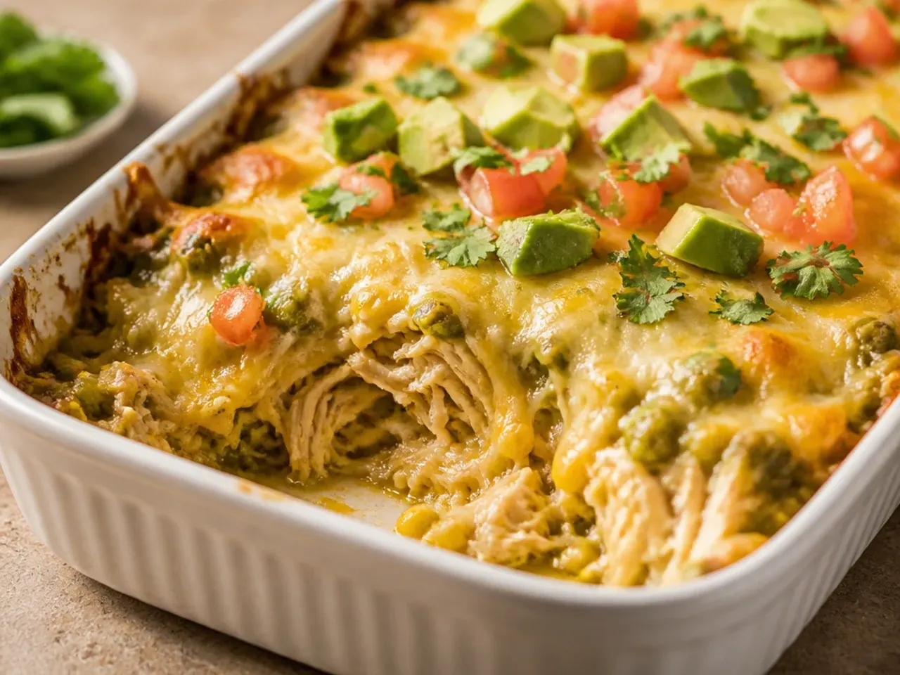 Unbaked green chicken enchilada casserole covered in cling film ready to be refrigerated for later