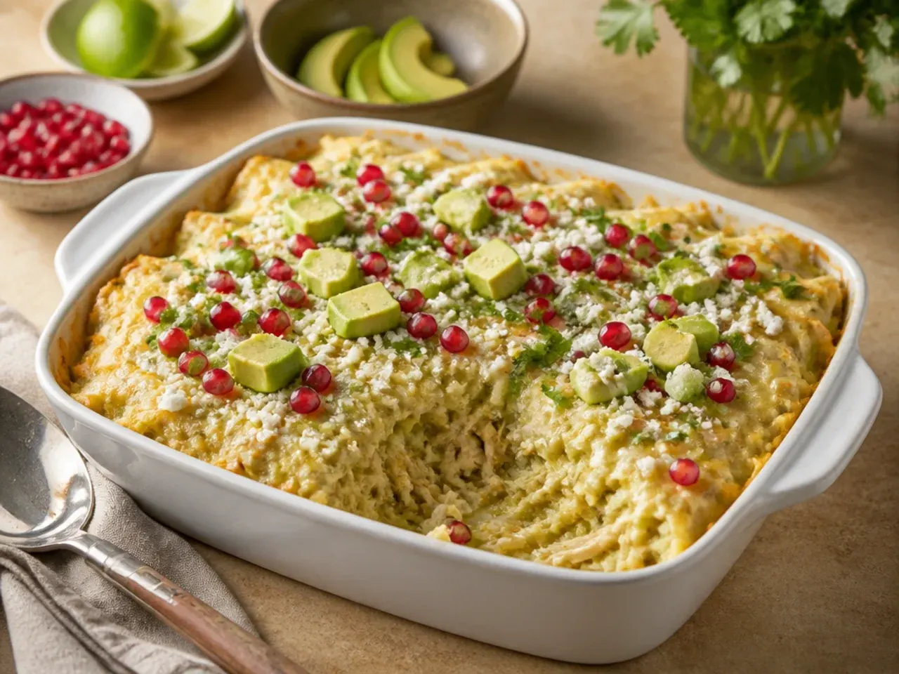 Family-style green chicken enchilada casserole served on plates with rice and steamed vegetables