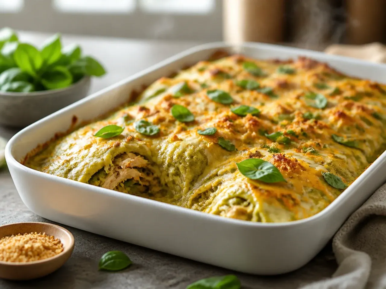 Festive green chicken enchilada casserole garnished with pomegranate seeds, radish and fresh coriander