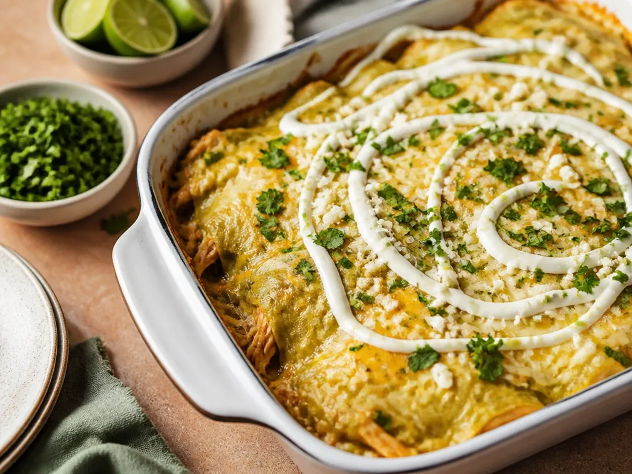 Quick green chicken enchilada casserole assembled and ready to go into a hot oven
