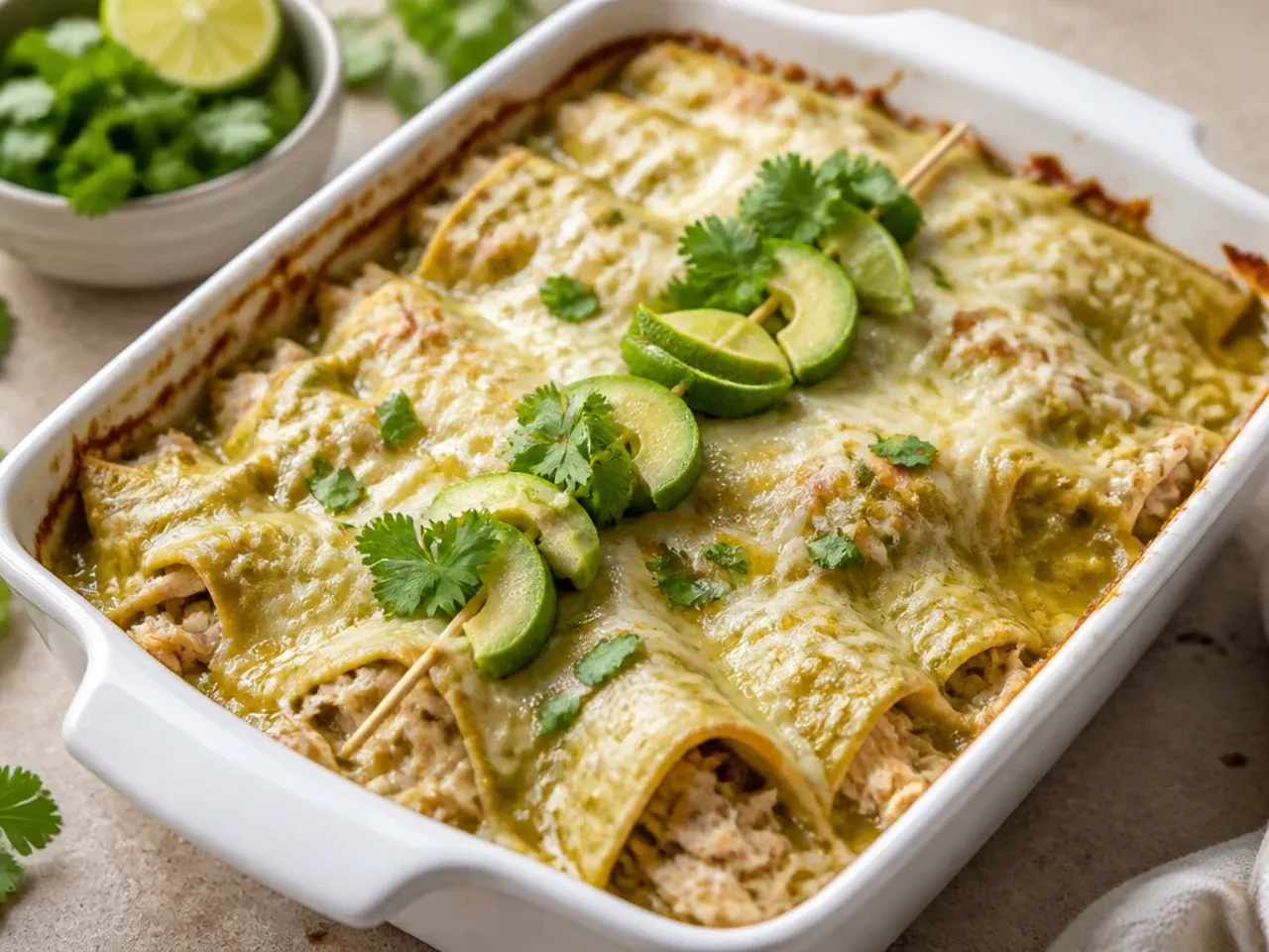 Homemade green chicken enchilada casserole made entirely from scratch with fresh tomatillo sauce