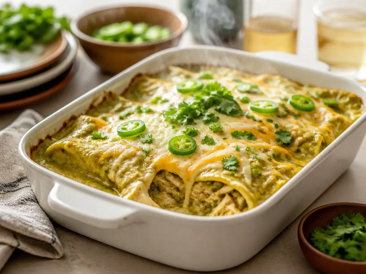 Plated serving of green chicken enchilada casserole with rice, beans, avocado and a lime wedge on the side