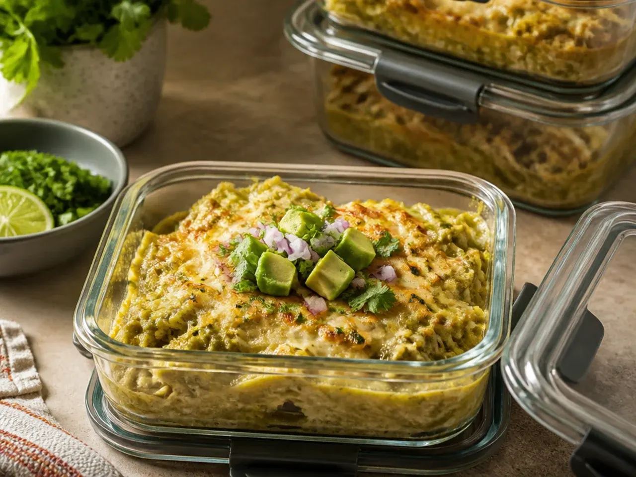 Airtight container of leftover green chicken enchilada casserole portions ready for the fridge or freezer