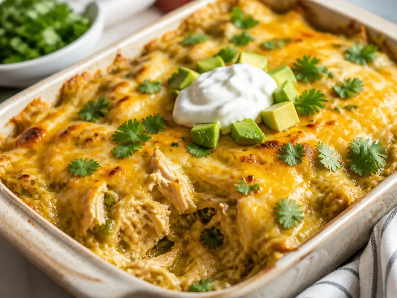 Ingredients for green chile chicken enchilada casserole laid out on a wooden board including shredded chicken, corn tortillas, roasted green chiles and cheese