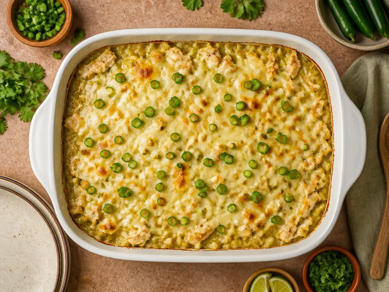 Cross-section slice of classic green chile chicken enchilada casserole showing layers of tortilla, chicken and cheese
