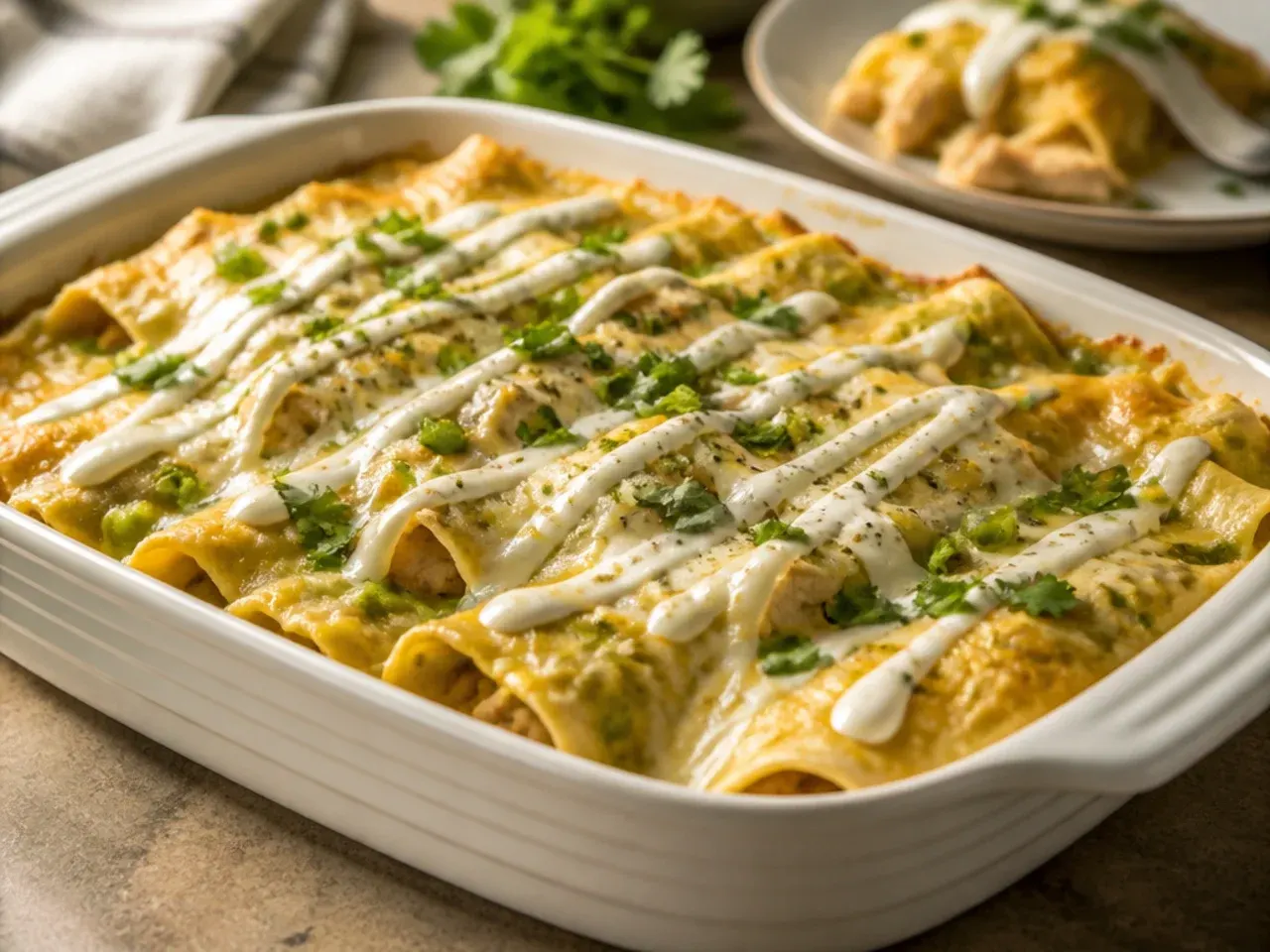 Hands layering torn corn tortilla pieces into a baking dish for an easy green chile chicken enchilada casserole