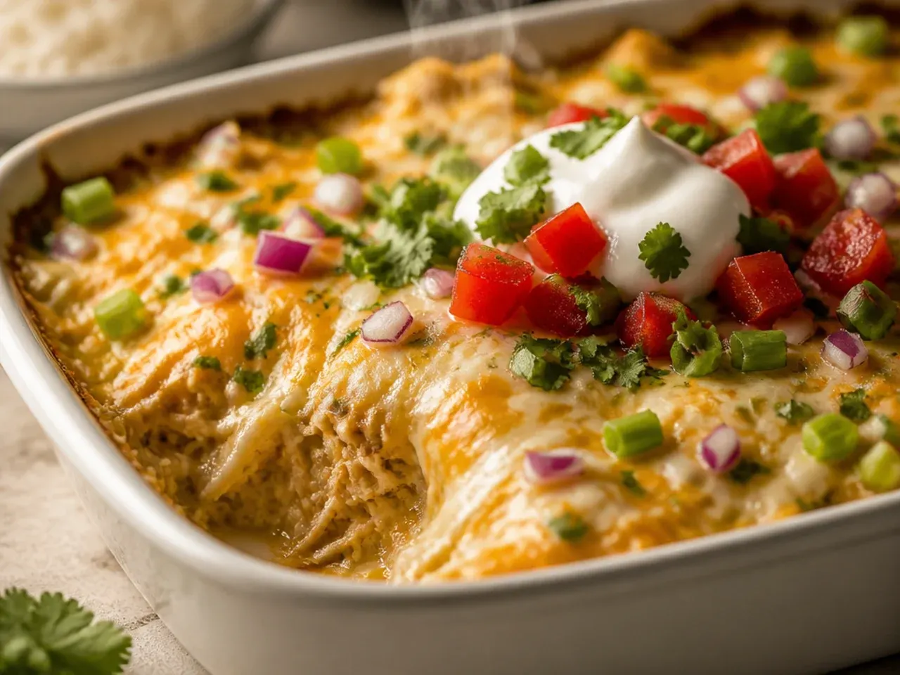 Spoonful of cozy, creamy green chile chicken enchilada casserole being lifted from the baking dish