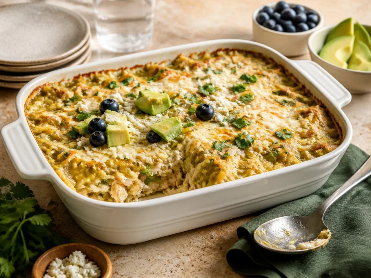 Simple four-ingredient green chile chicken enchilada casserole fresh out of the oven