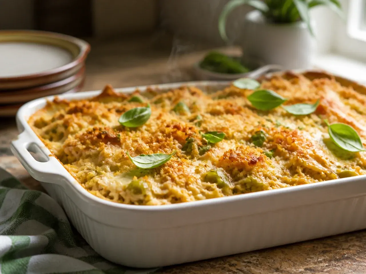 Close-up of creamy green chile chicken enchilada casserole with soured cream swirled through the cheesy top layer