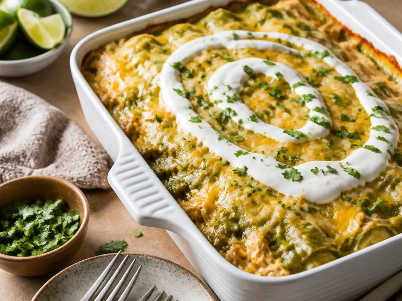 Loaded green chile chicken enchilada casserole topped with black beans, corn, avocado and pickled red onion