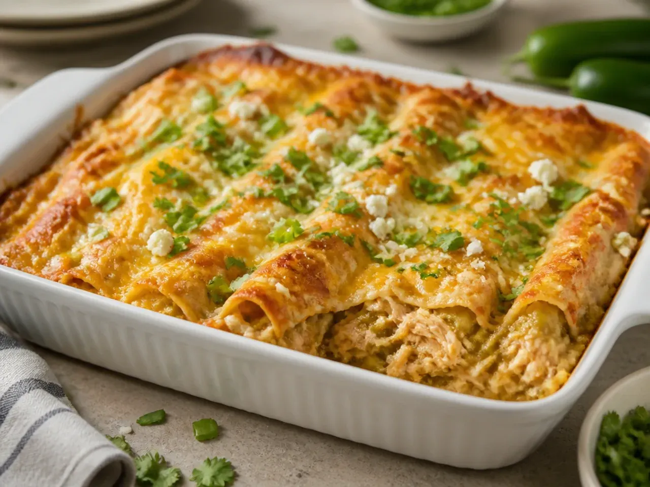 Extra cheesy green chile chicken enchilada casserole with a thick, golden, bubbling cheese top layer
