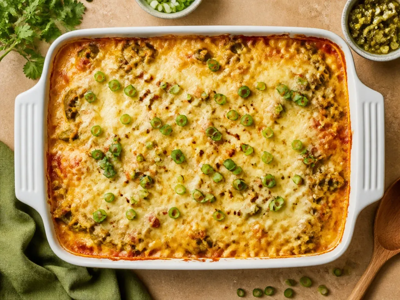 Budget-friendly green chile chicken enchilada casserole made with simple pantry ingredients