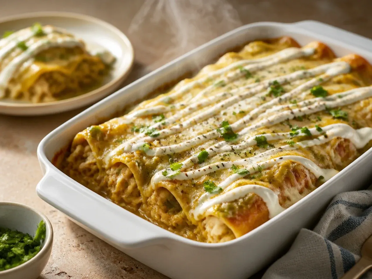 Large crowd-sized green chile chicken enchilada casserole in a big baking dish with a serving spoon
