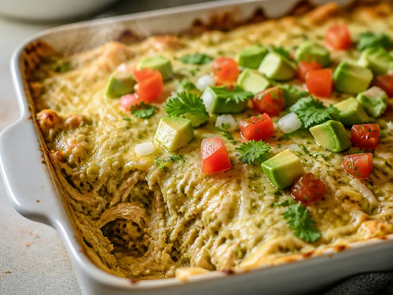 Unbaked green chile chicken enchilada casserole covered in cling film ready to be refrigerated for later