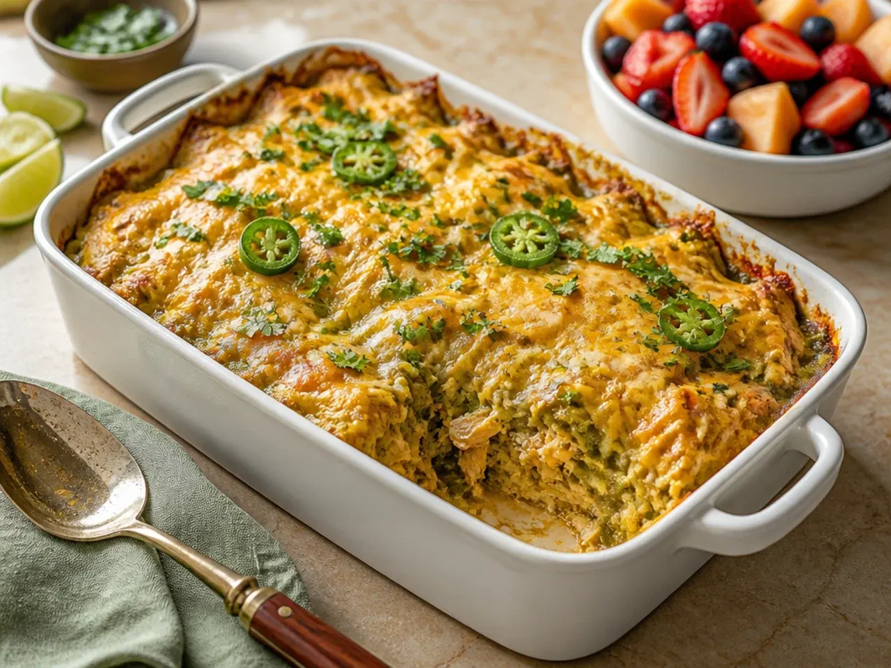 Family-style green chile chicken enchilada casserole served on plates with rice and steamed vegetables