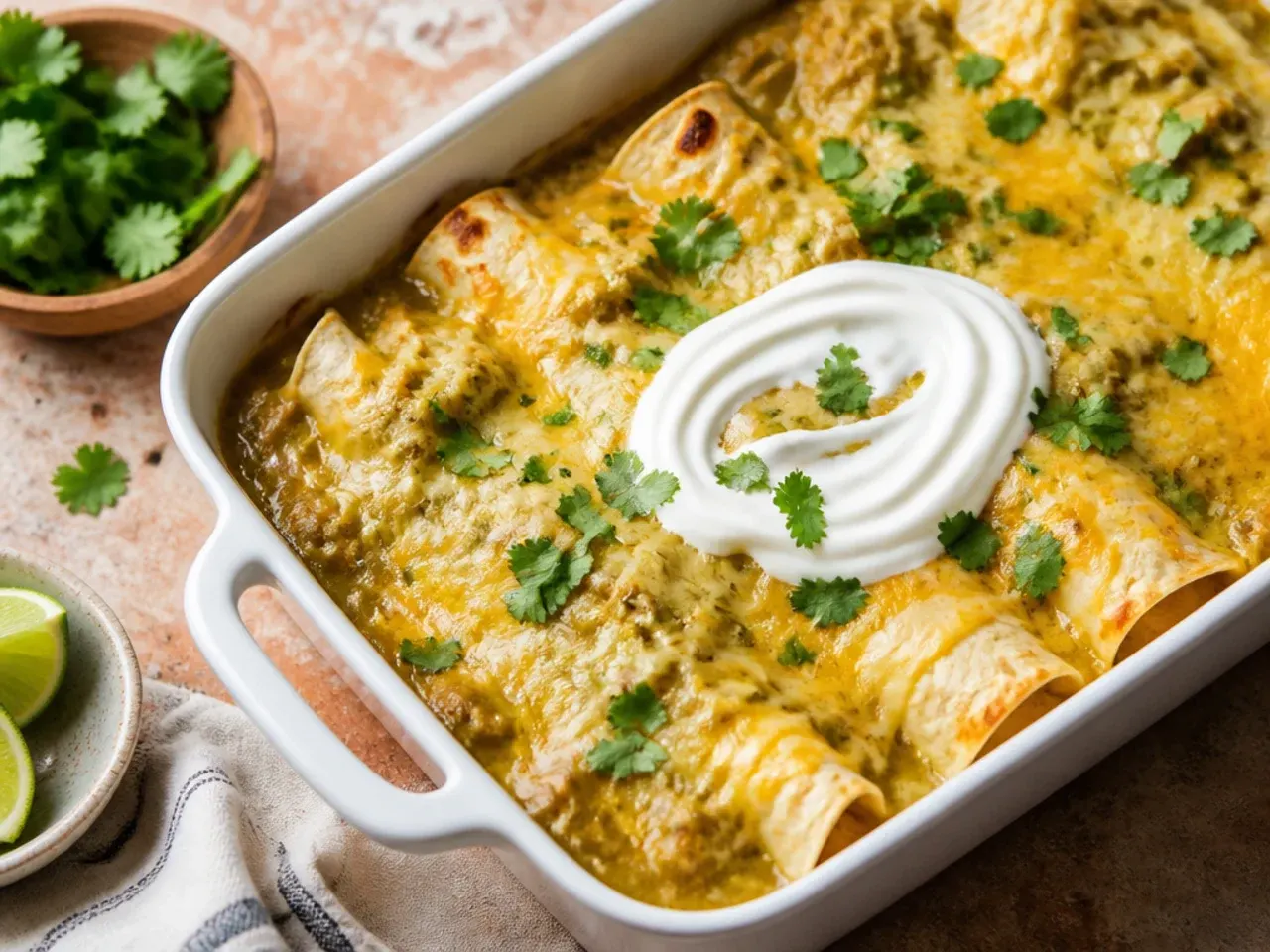 Quick green chile chicken enchilada casserole assembled and ready to go into a hot oven