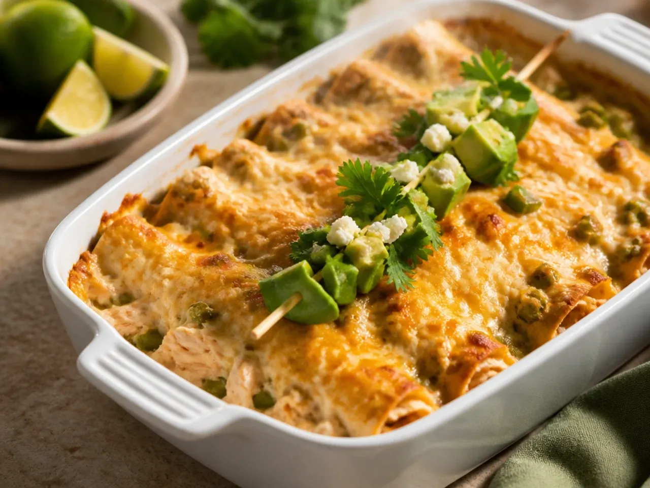Homemade green chile chicken enchilada casserole made entirely from scratch with fresh roasted chile sauce