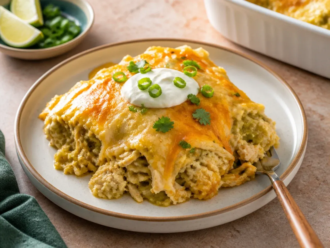 Plated serving of green chile chicken enchilada casserole with rice, beans, avocado and a lime wedge on the side