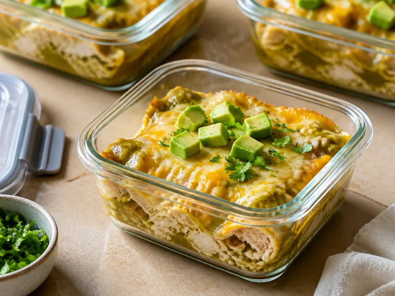 Airtight container of leftover green chile chicken enchilada casserole portions ready for the fridge or freezer