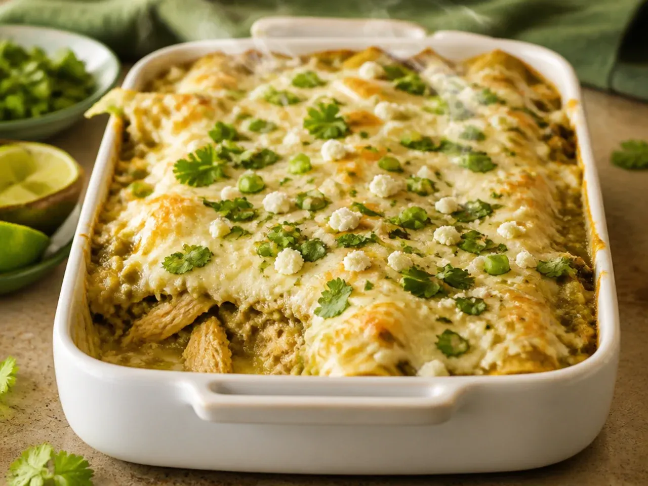 Close-up of green chili chicken enchilada casserole showing chopped green chiles and soured cream mixed through shredded chicken
