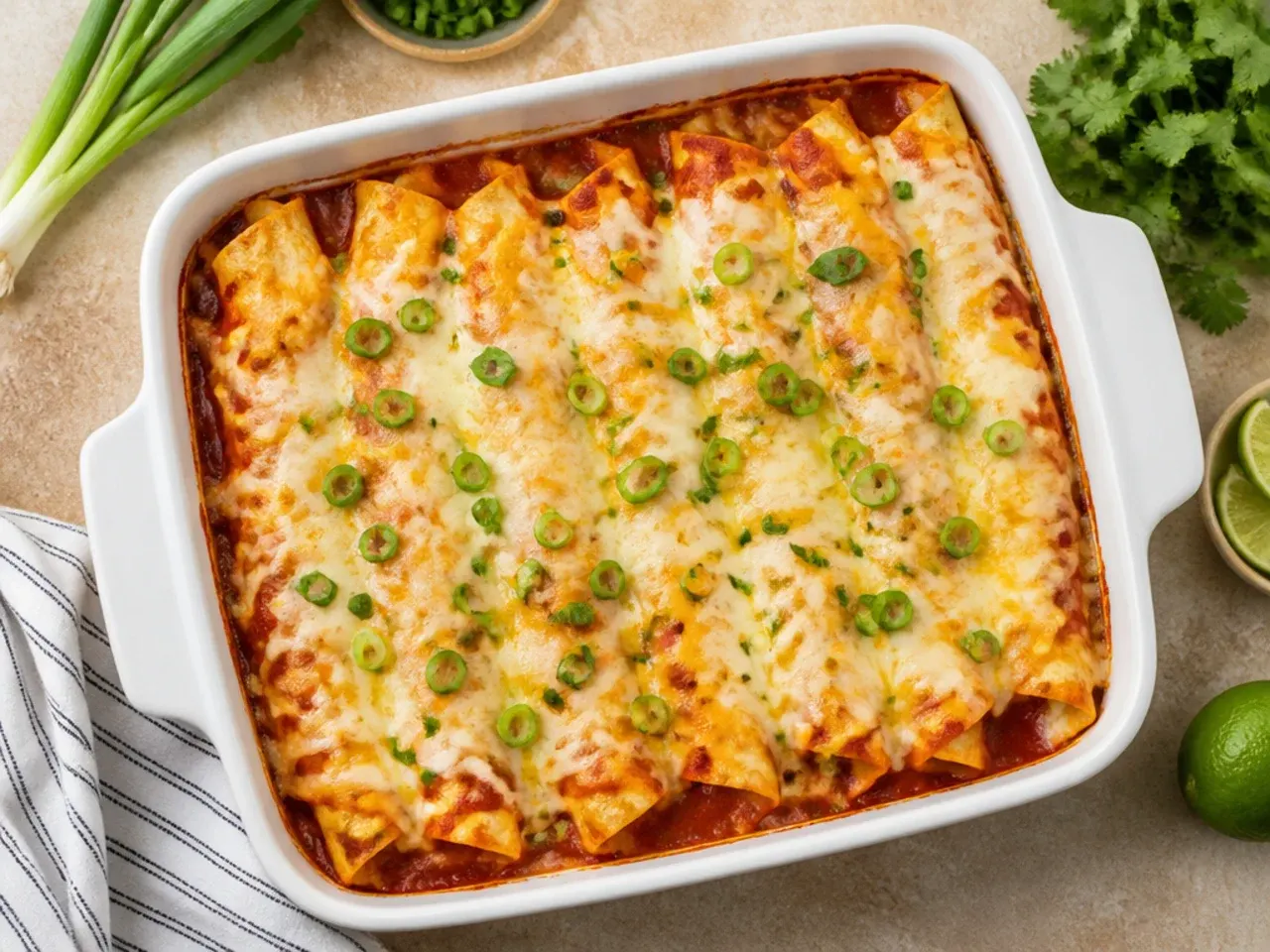 Overhead shot of classic red sauce chicken enchilada casserole with a deep rust-red tomato-based sauce over melted cheese