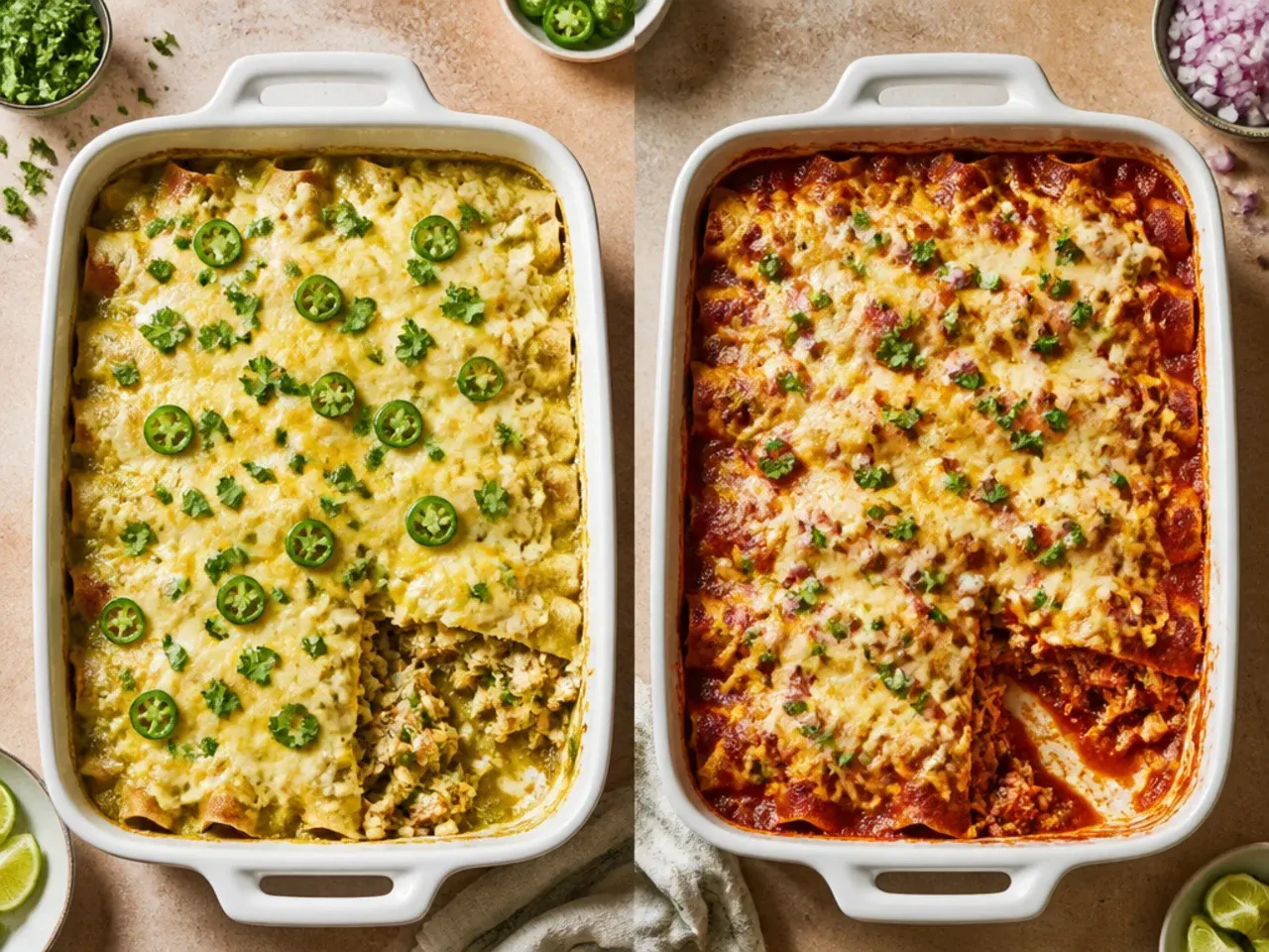 Grocery ingredients for both green chili and red sauce chicken enchilada casserole laid out with a receipt