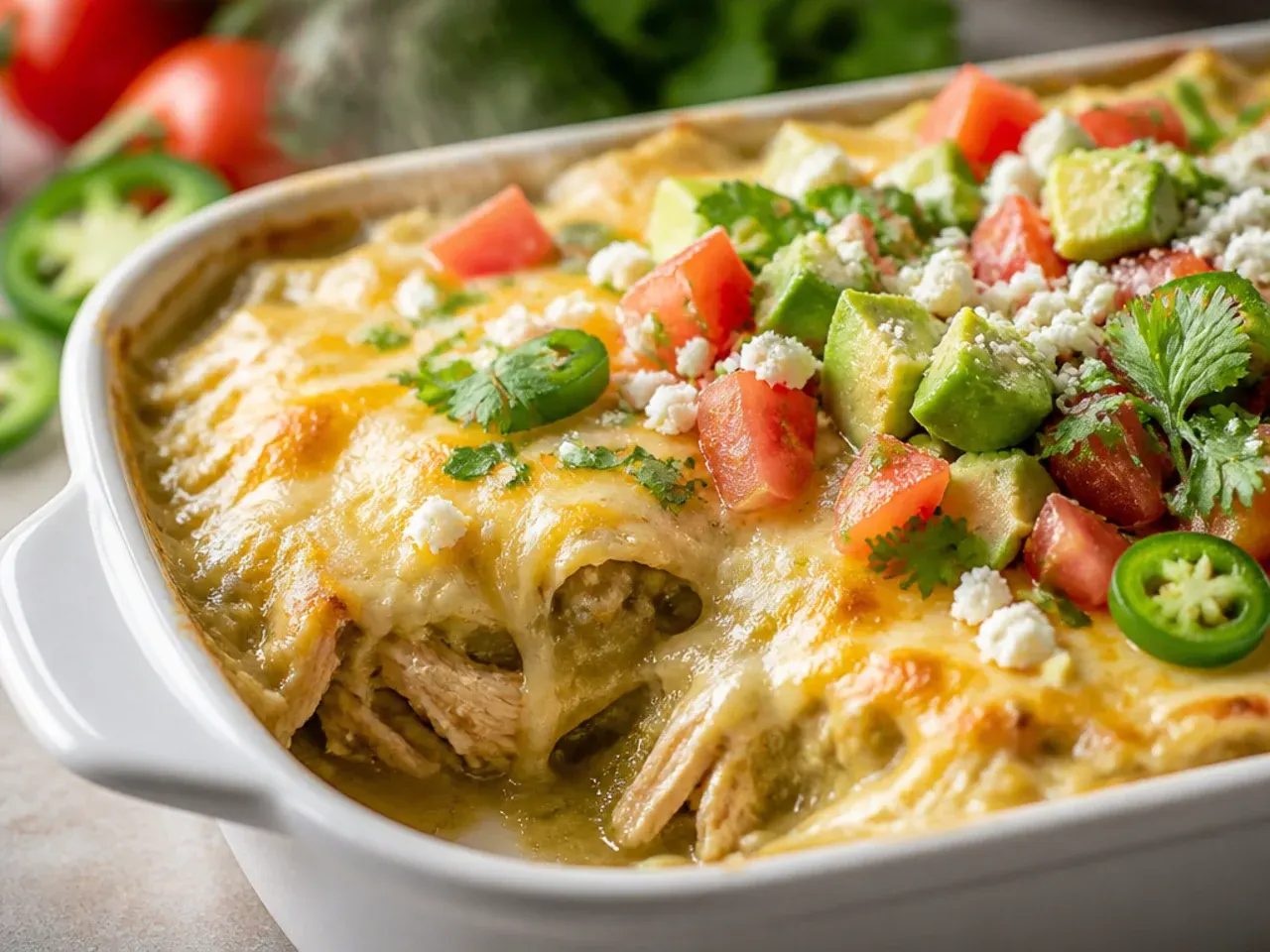 Cross-section slices of green chili and red sauce chicken enchilada casserole side by side showing different layer textures