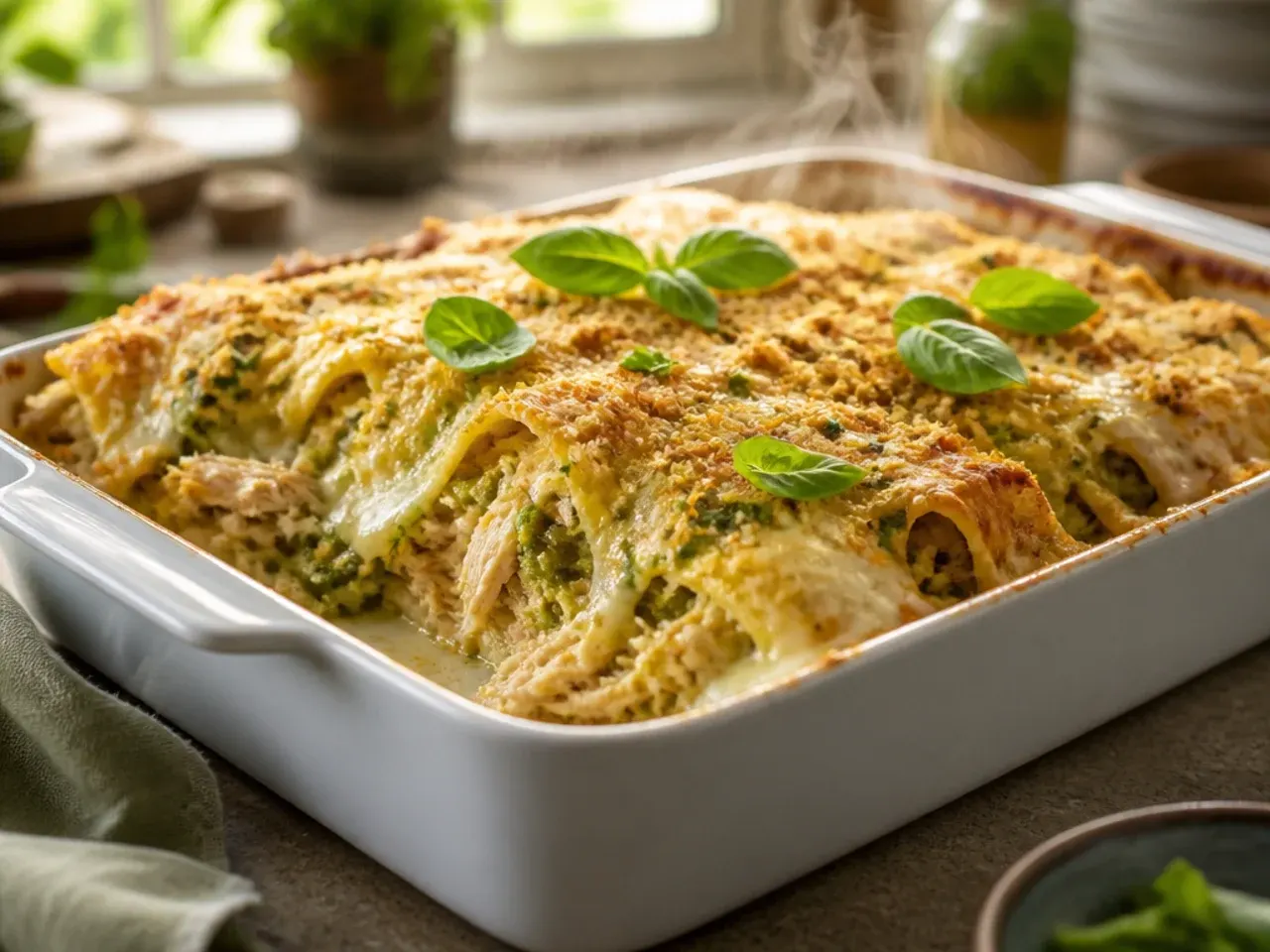 Split baking dish showing green chili chicken enchilada casserole on one side and red sauce version on the other