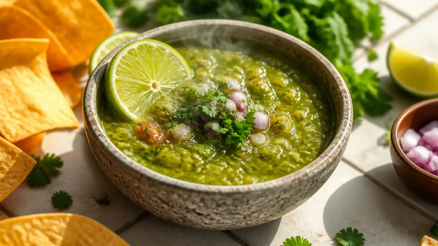 Bowl of homemade green salsa recipe made with roasted tomatillos, jalapeños and lime, served with tortilla chips