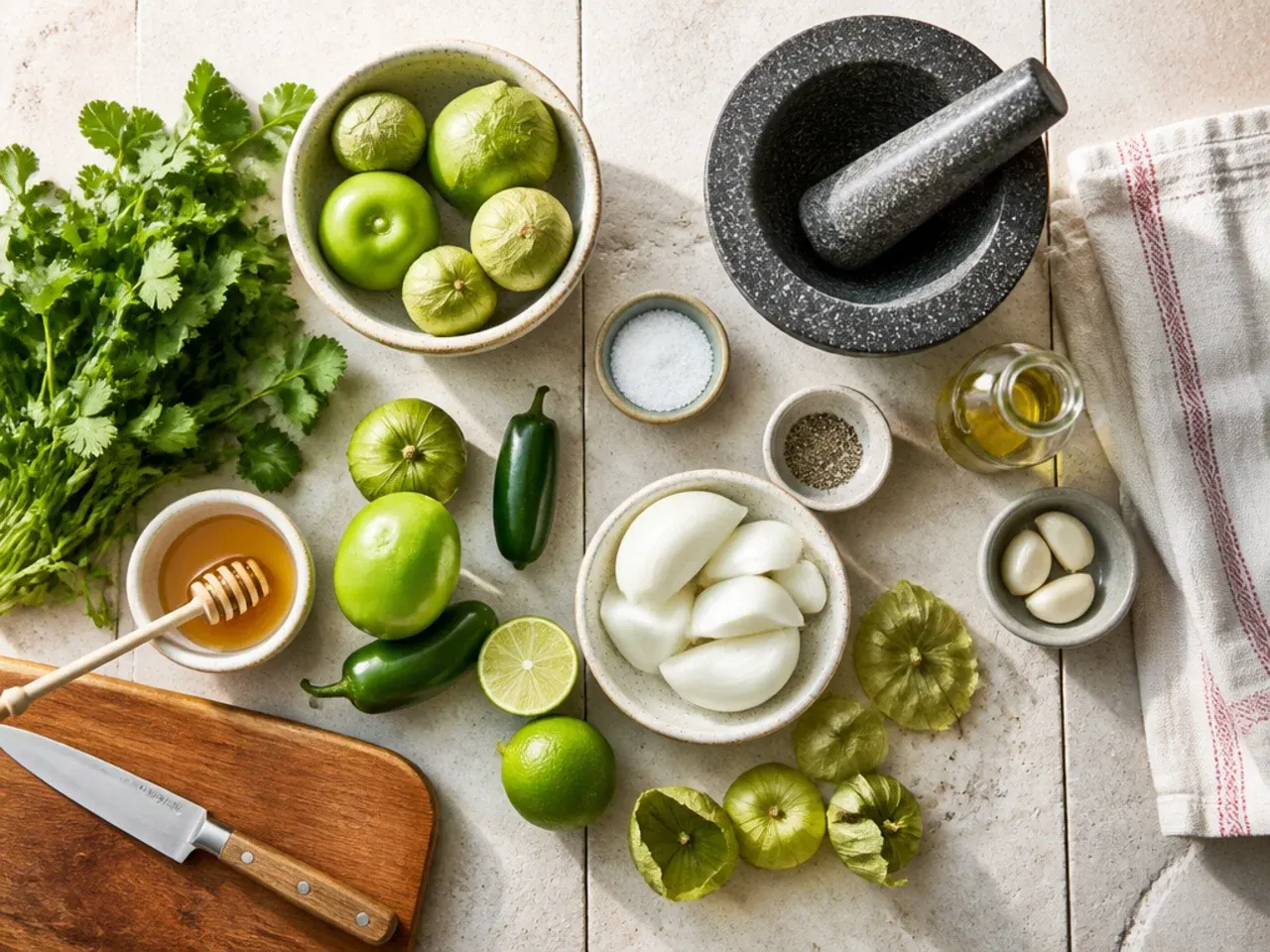 Close-up of charred green tomatillos and jalapeños on a baking tray before blending