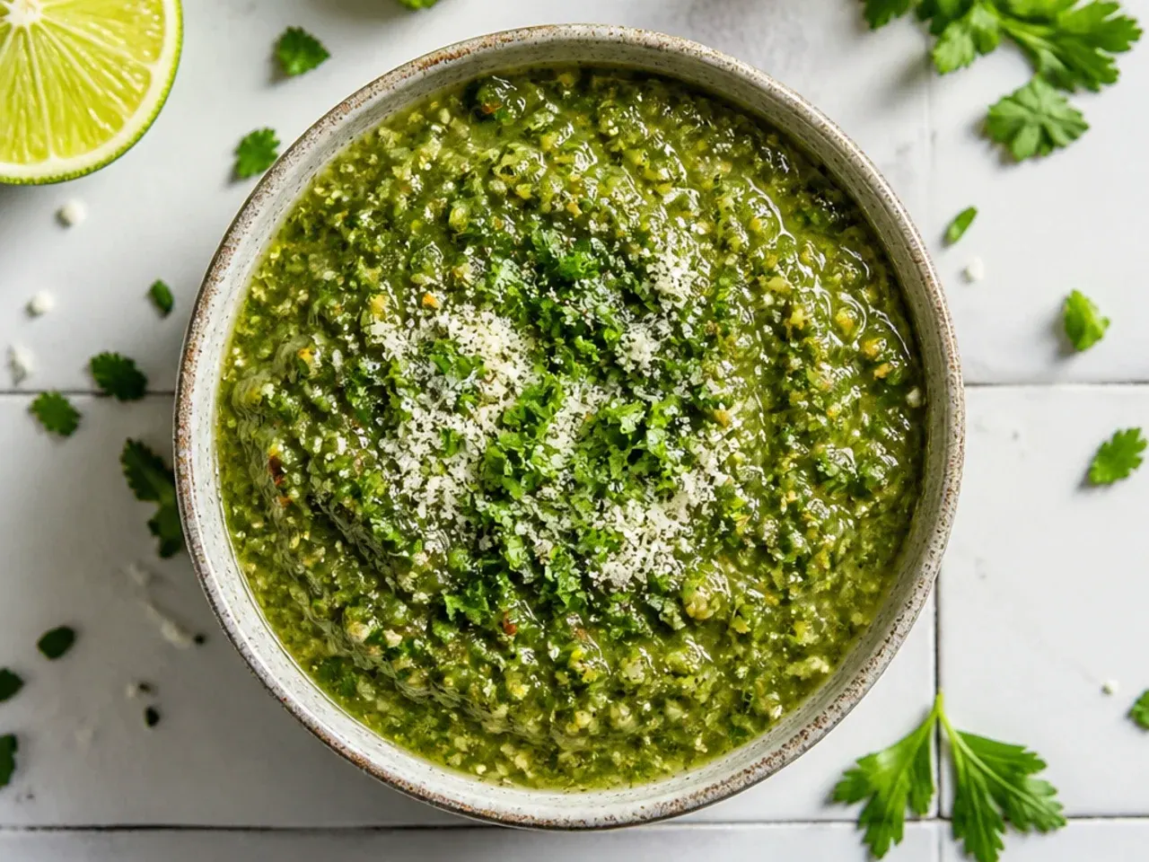 Green salsa recipe stored in a glass jar in the fridge next to fresh limes