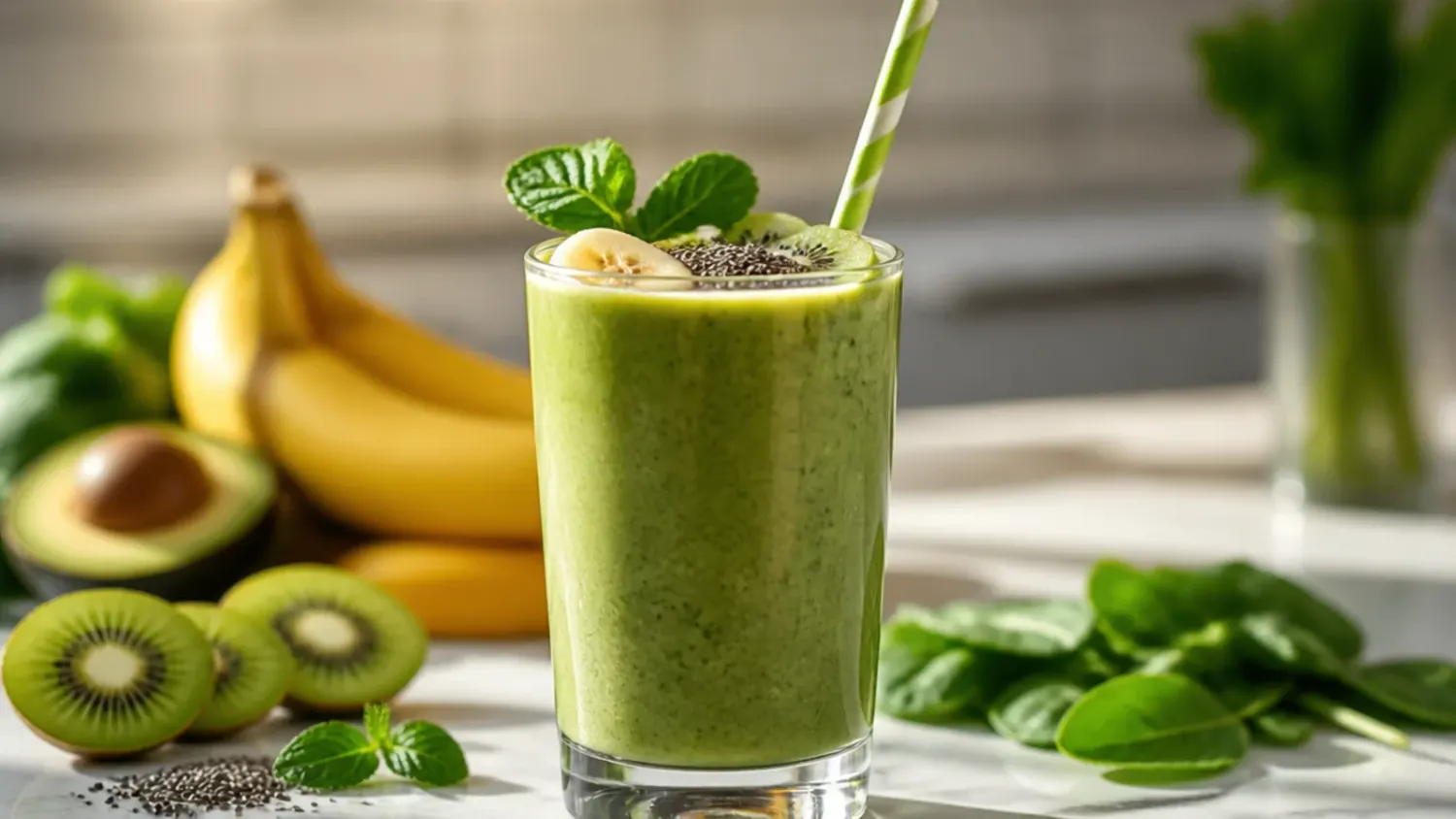 Overhead shot of a bright green smoothie in a glass jar surrounded by fresh spinach, banana, and mango on a wooden board