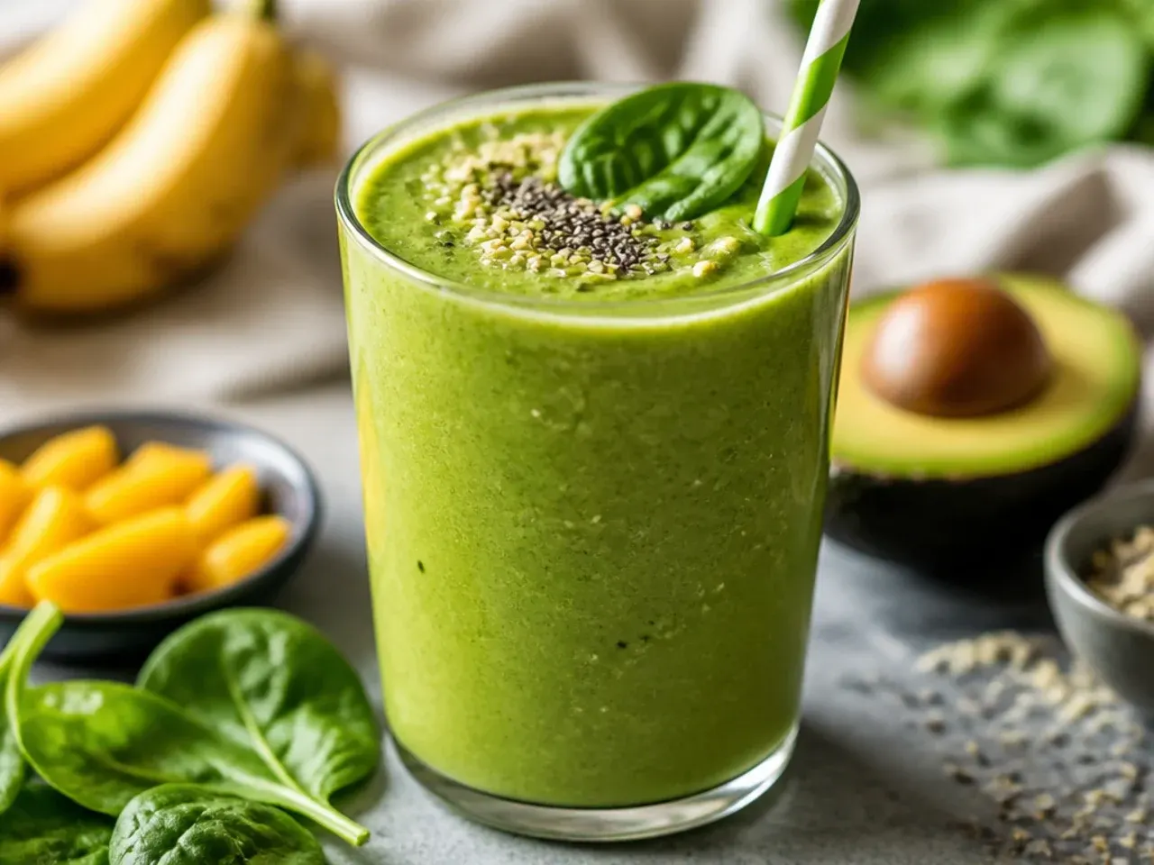 Bright green smoothies in glasses lined up on a kitchen counter with fresh spinach and bananas nearby