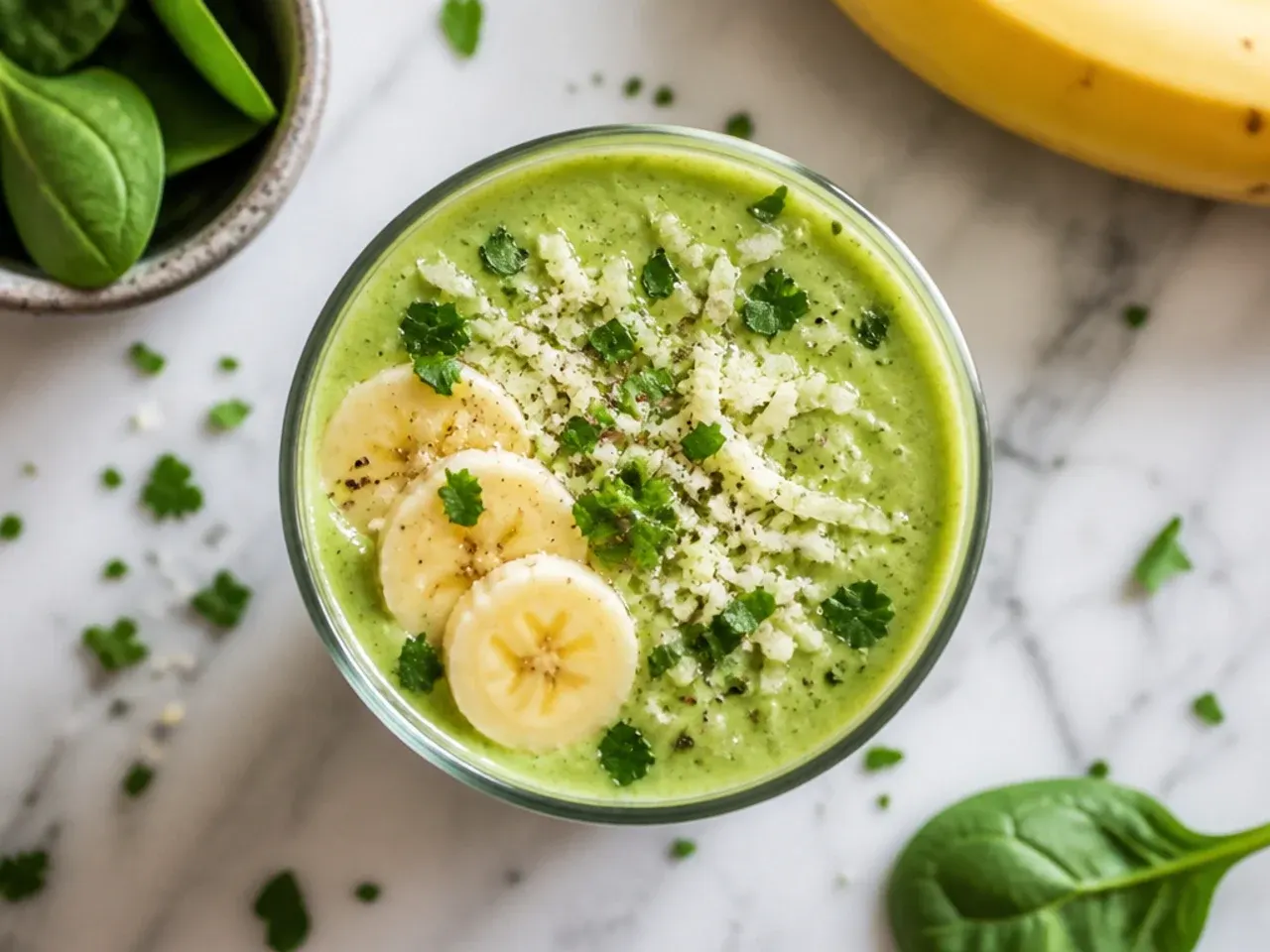 Classic spinach and banana green smoothie in a tall glass with a frozen banana beside it
