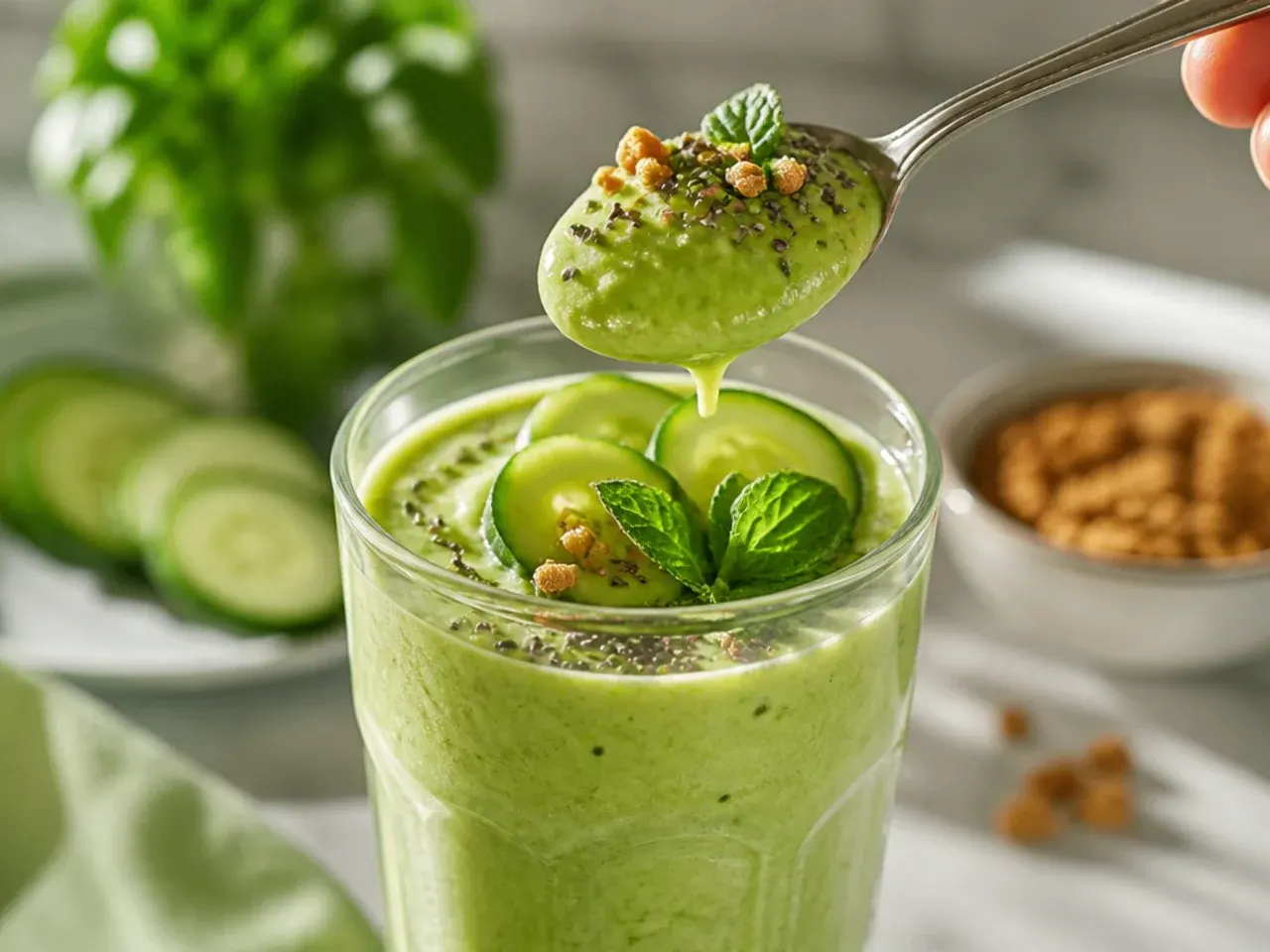 Pale green cucumber and mint smoothie garnished with a mint sprig and cucumber slice